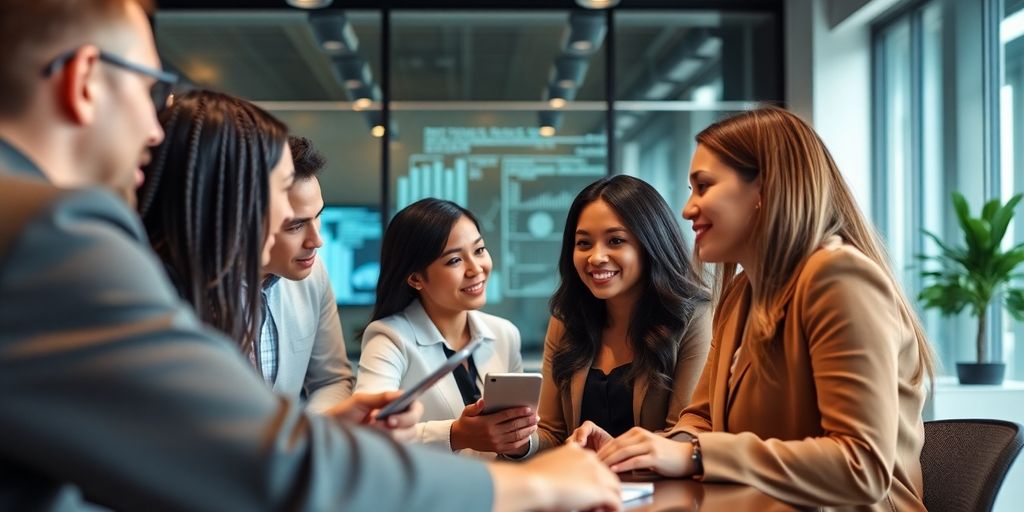 Diverse financial advisors collaborating in a modern office.