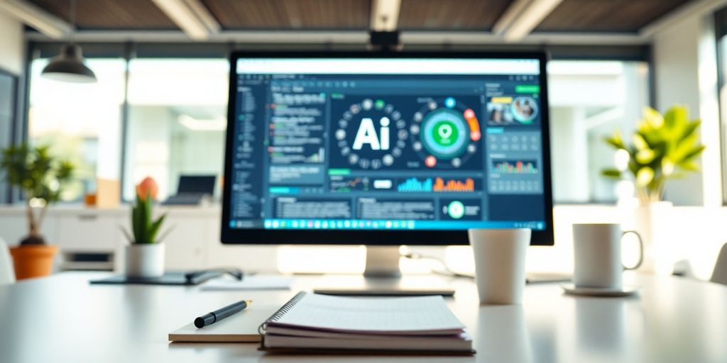 Modern office workspace with AI interface on computer screen.