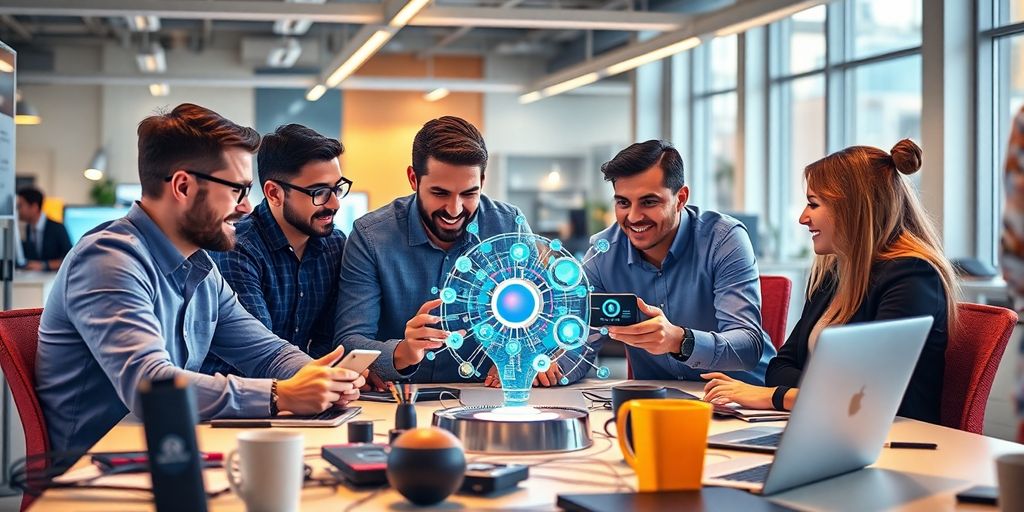 Professionals collaborating with AI technology in a modern office.