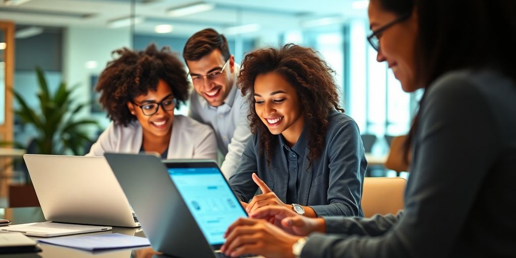 Professionals collaborating in a modern office setting.