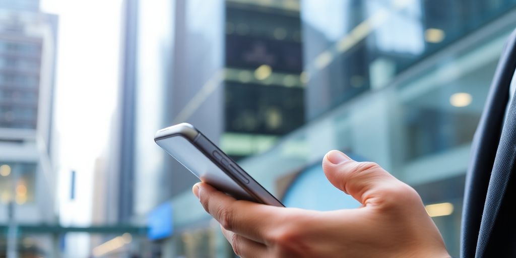 Person using smartphone for financial transactions in a modern setting.