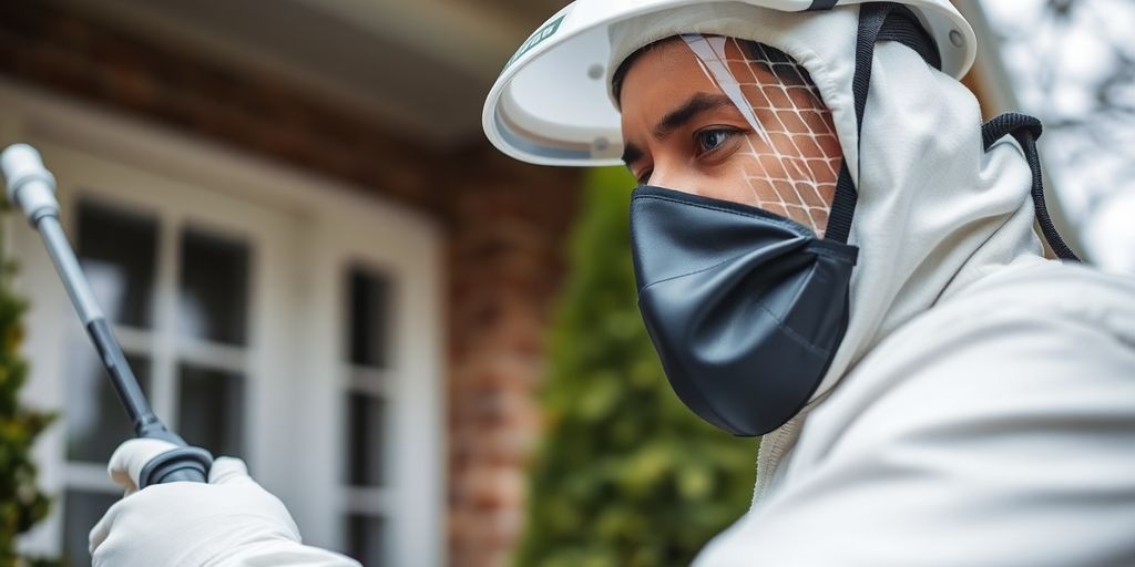 Pest control technician applying treatment to a home exterior.