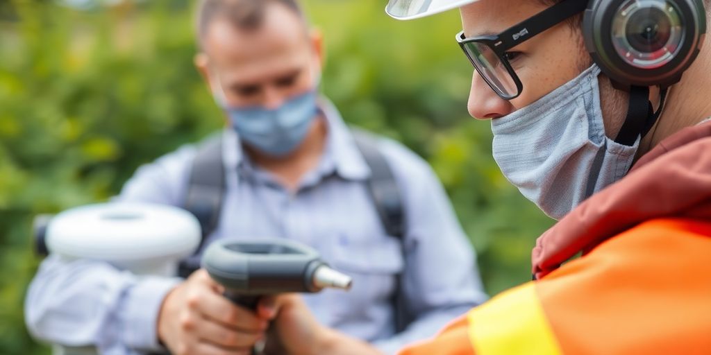 Pest control technician using advanced equipment outdoors.