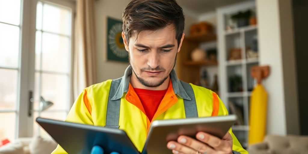 Technician using tablet for pest control service.