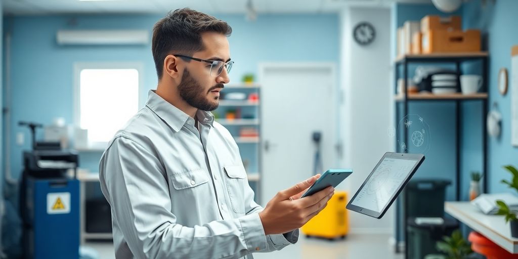 Pest control technician using AI technology for services.