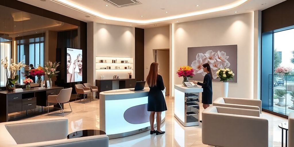 AI receptionist in sleek beauty salon reception area.