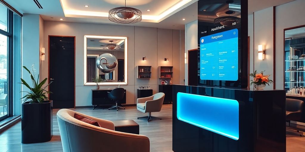 AI receptionist in a contemporary beauty salon setting.