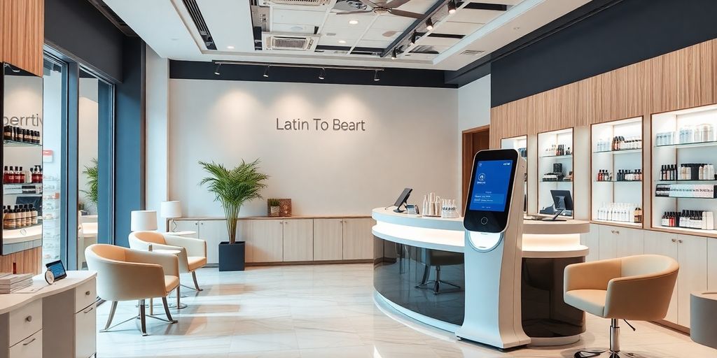 Modern beauty salon with AI receptionist and stylish decor.