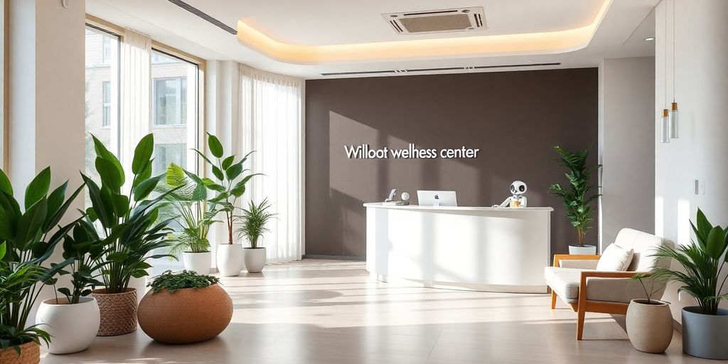 AI receptionist in a serene wellness center environment.