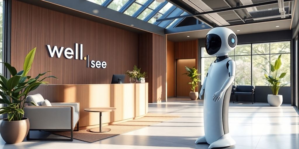 AI receptionist in a serene wellness center reception.
