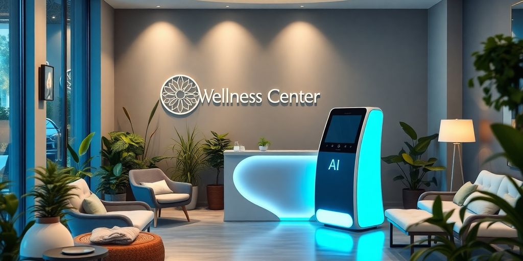 AI receptionist in a serene wellness center setting.