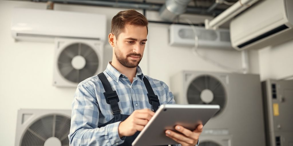 HVAC technician using tablet with equipment in background.