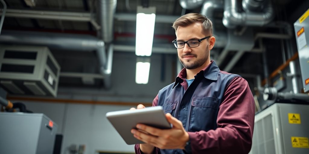 HVAC technician using a tablet in a workshop.