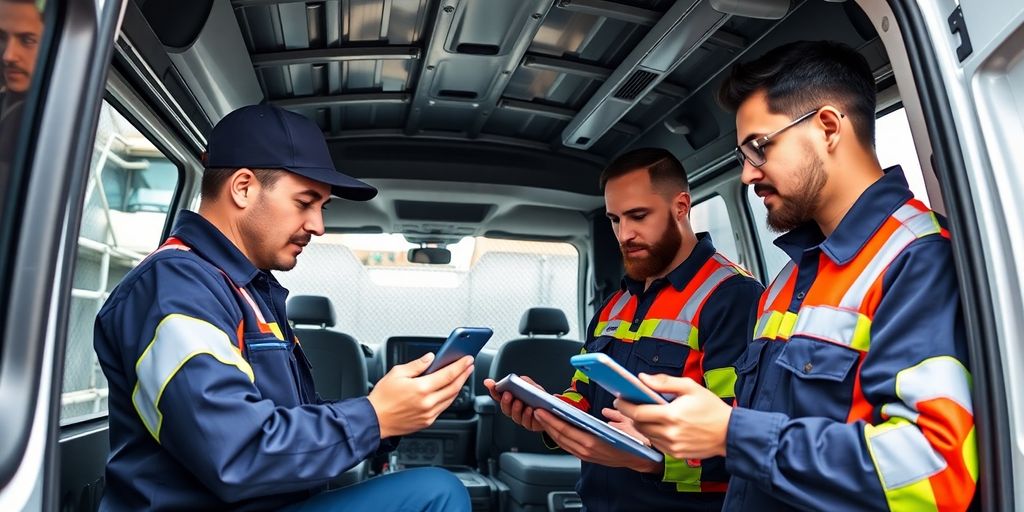 HVAC technicians with smart devices in a service van.