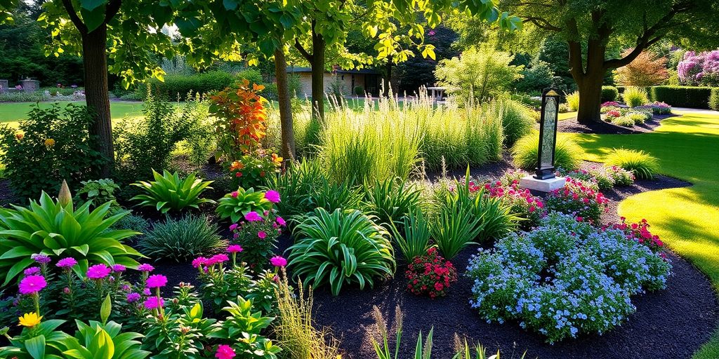 Lush garden with diverse plants and a well-kept lawn.