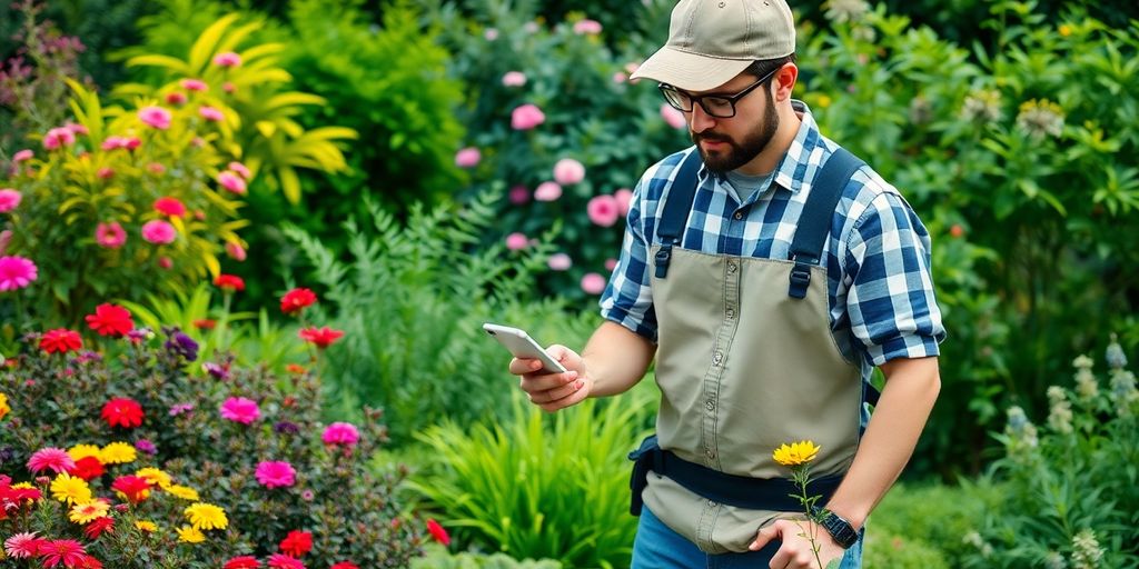Landscaper with smartphone in a beautiful garden setting.