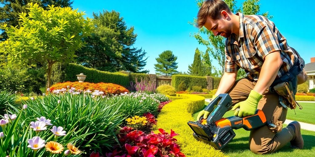 Landscaper working in a colorful, lush garden.