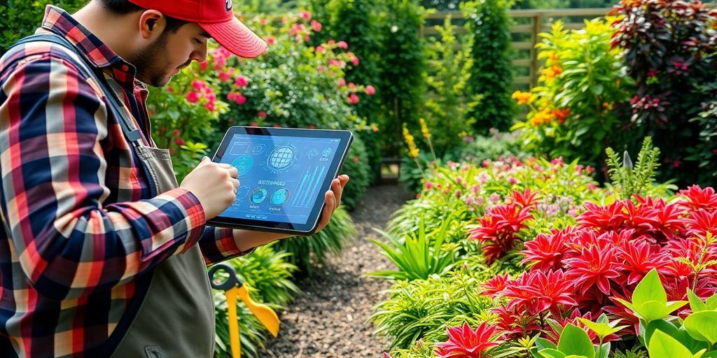 Landscaper using tablet in a vibrant garden setting.