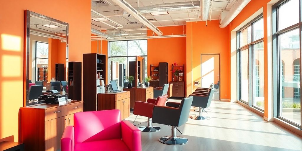 Stylish hair salon interior with modern styling stations.