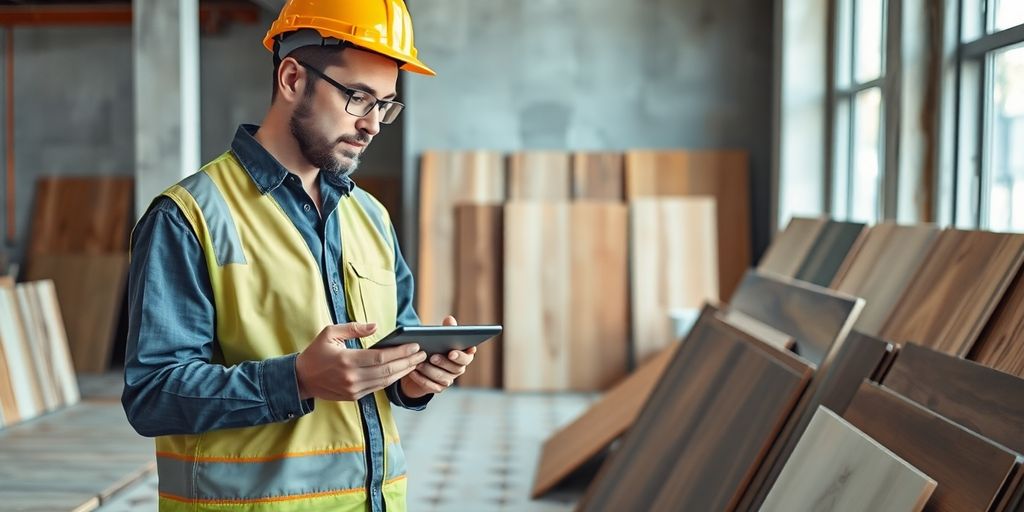 Flooring contractor using AI tools with flooring samples.