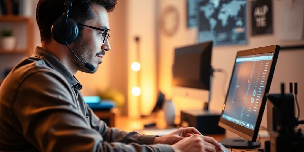 Technician helping client with laptop in a modern office.