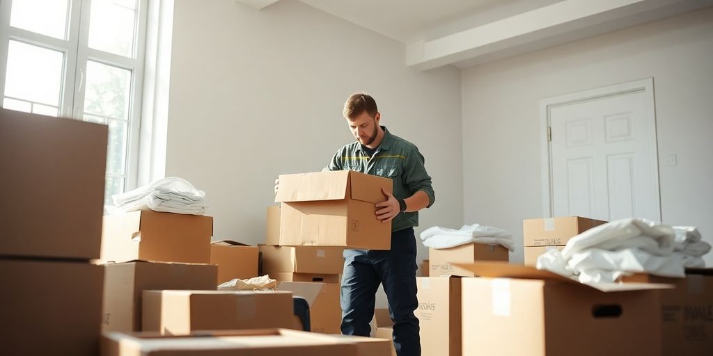 Mover packing boxes in a bright, spacious room.