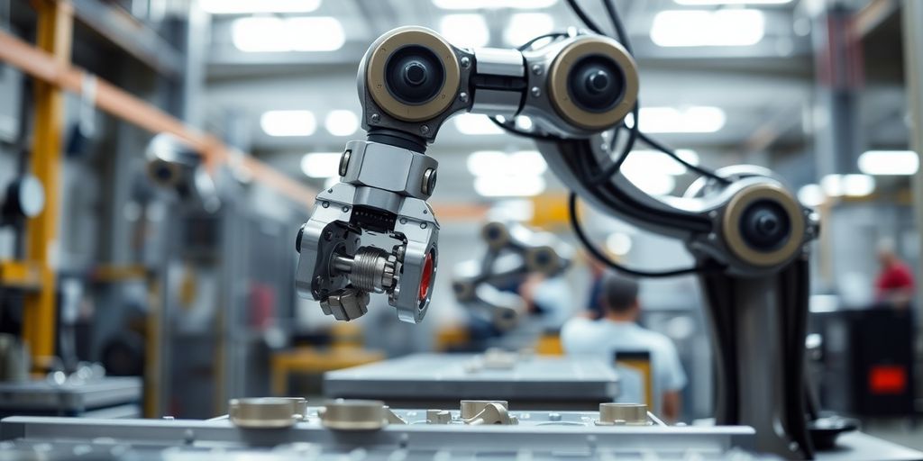 Robotic arm assembling parts in a manufacturing facility.