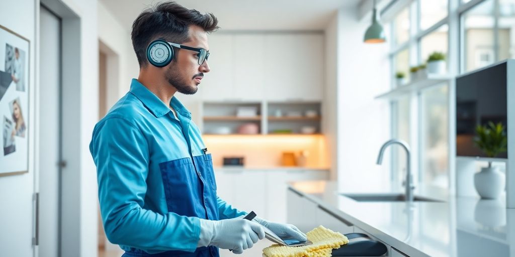 Cleaner using AI technology in a bright home.