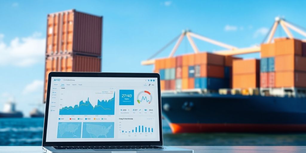 Shipping container and laptop in a maritime background.