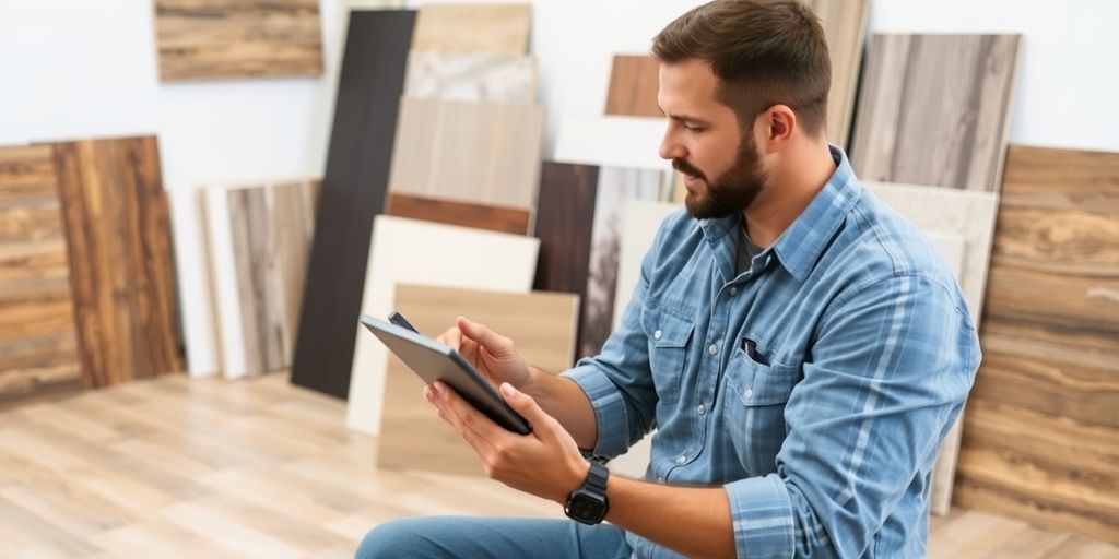 Flooring contractor with tablet and materials in workspace.