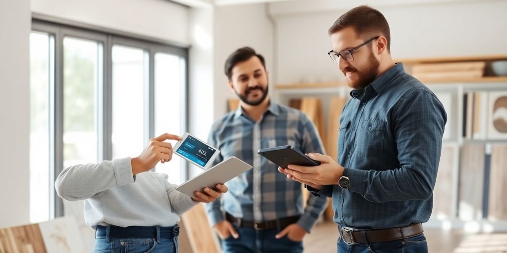 Contractor using AI technology in a flooring office.