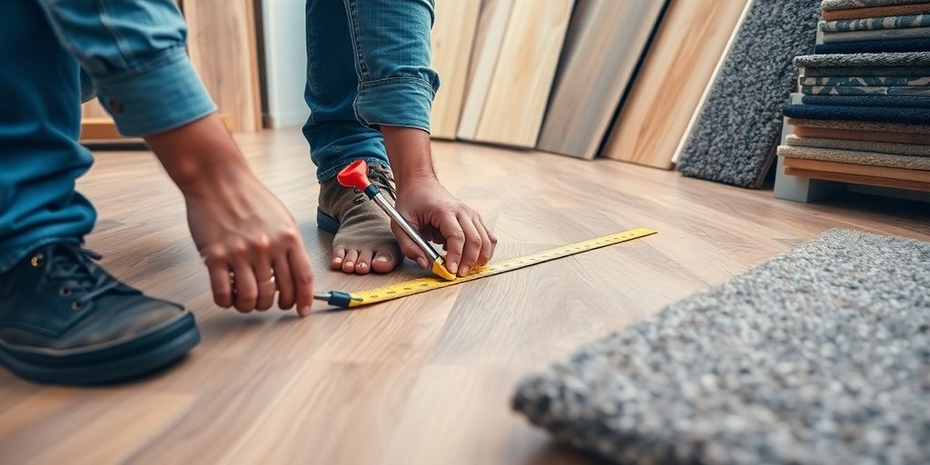 Flooring contractor measuring floor with tools and samples.