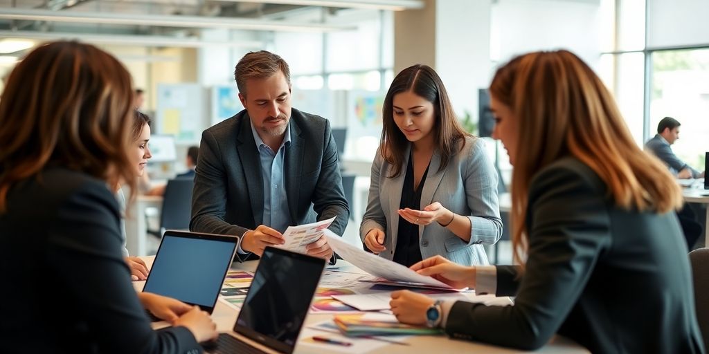 Event planners collaborating with technology in a bright office.
