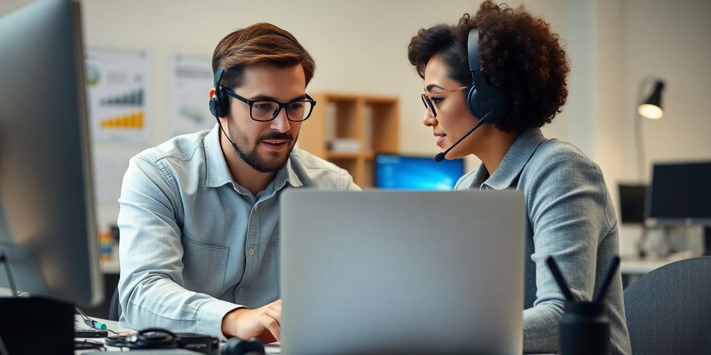 Tech support agent with laptop in modern workspace.