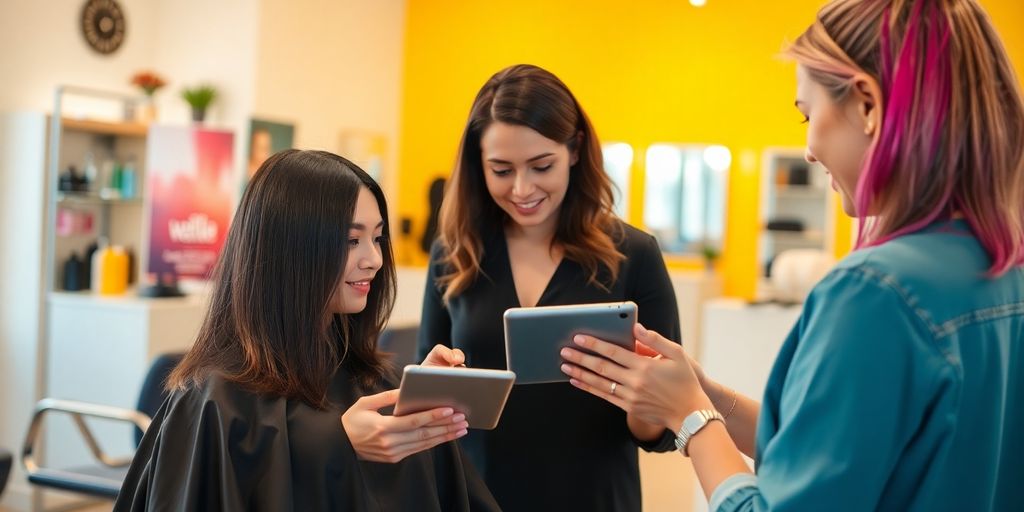 Salon stylist using tablet for customer service.
