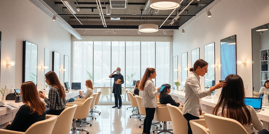 Modern hair salon with technology and stylish decor.