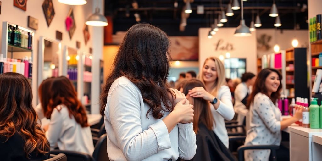 Busy hair salon with stylist and client interaction.