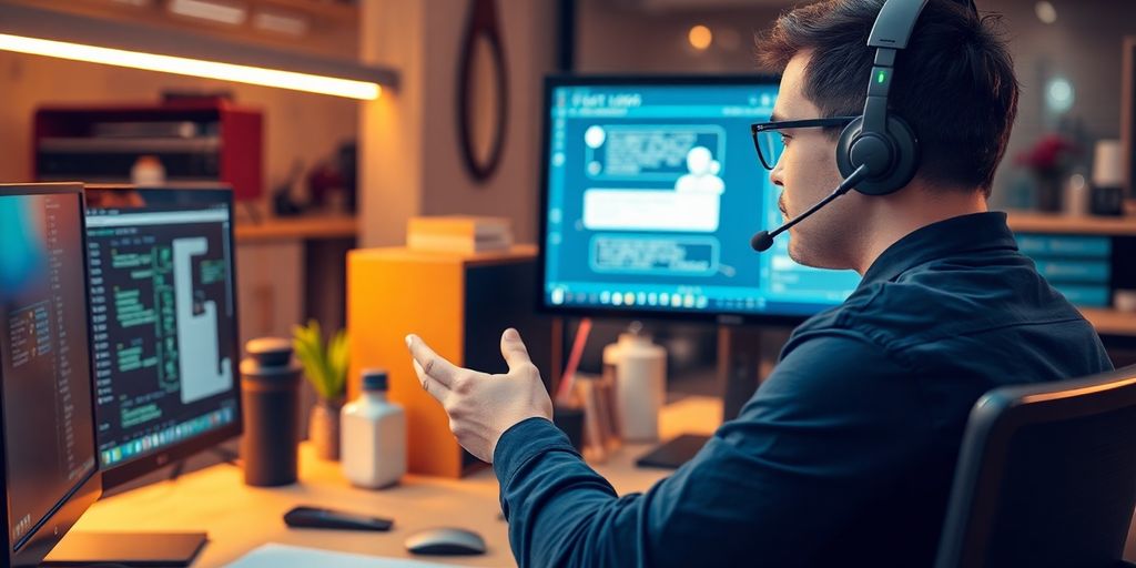 Technician using AI chatbot for tech support.