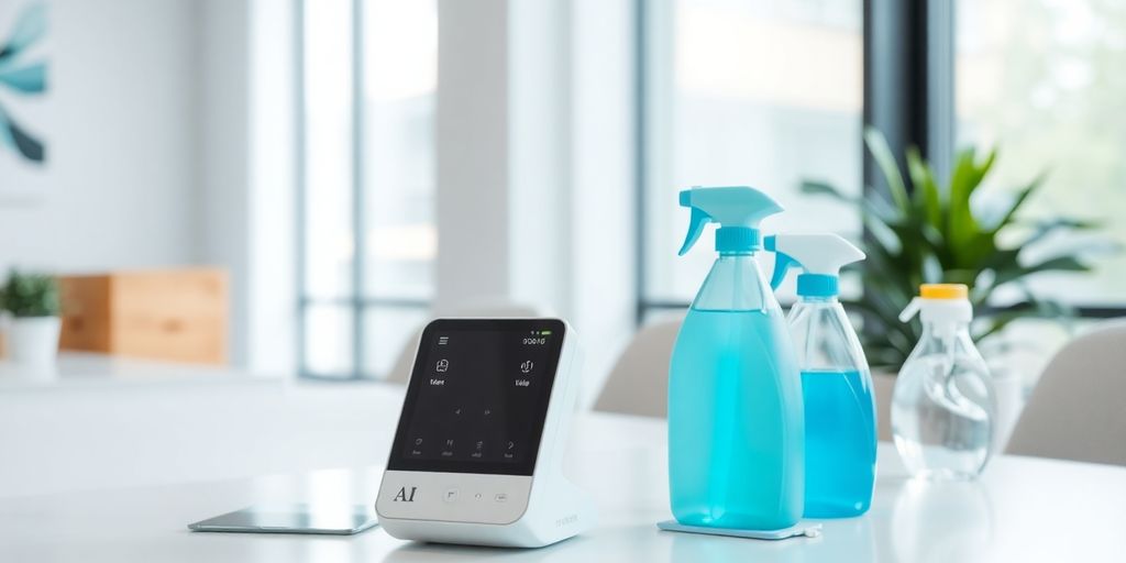 Modern office with AI answering device and cleaning supplies.