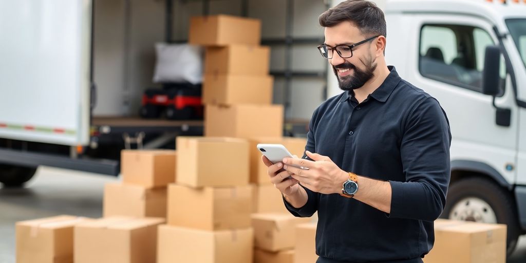 Mover using smartphone for customer service interaction.