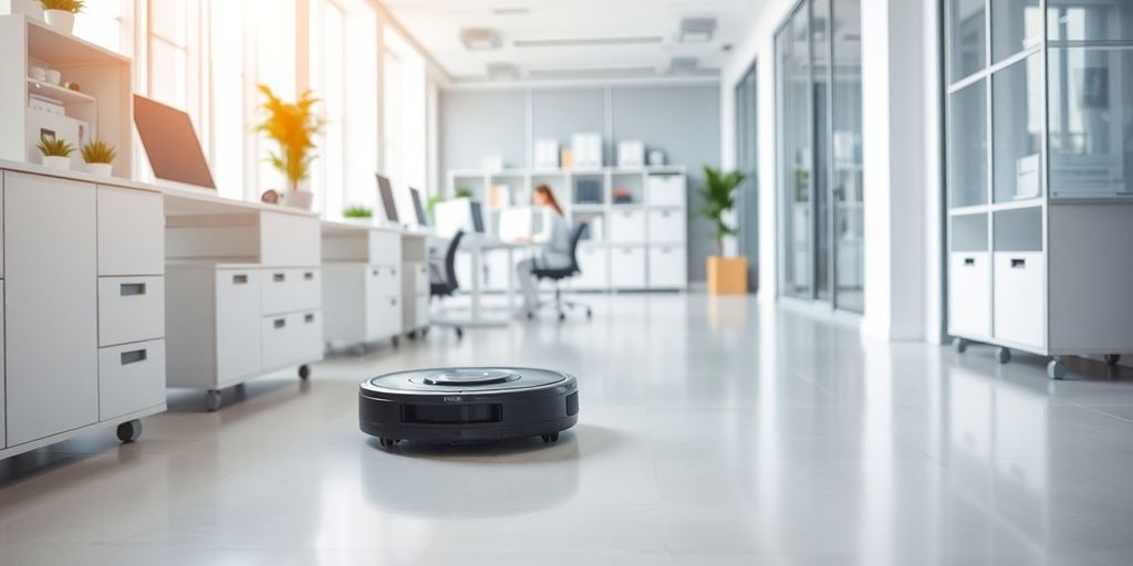 Robotic vacuum cleaner in a tidy office environment.