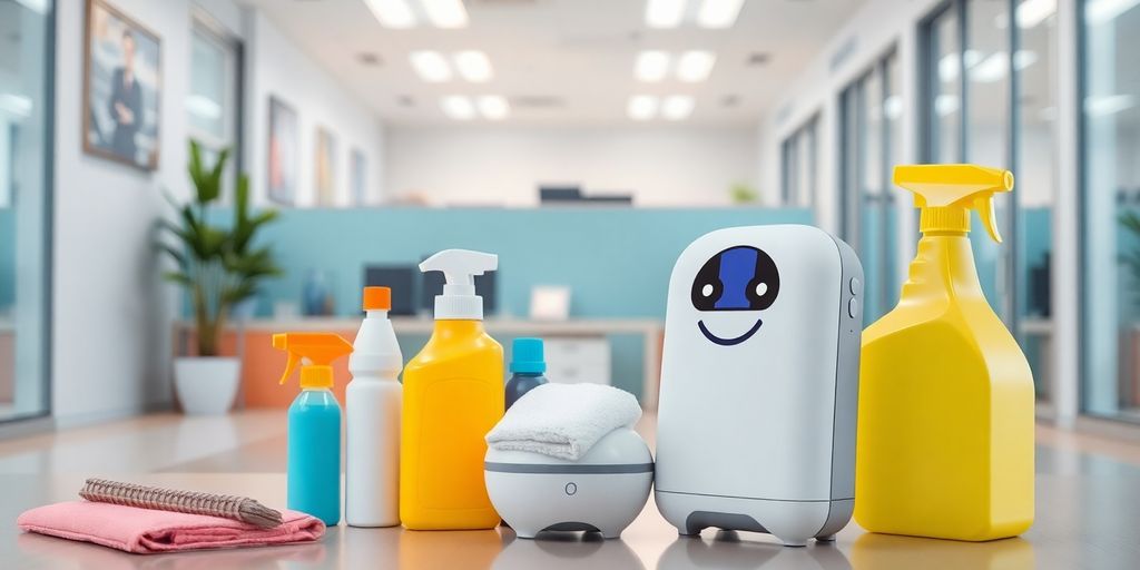 AI assistant and cleaning supplies in a tidy office.