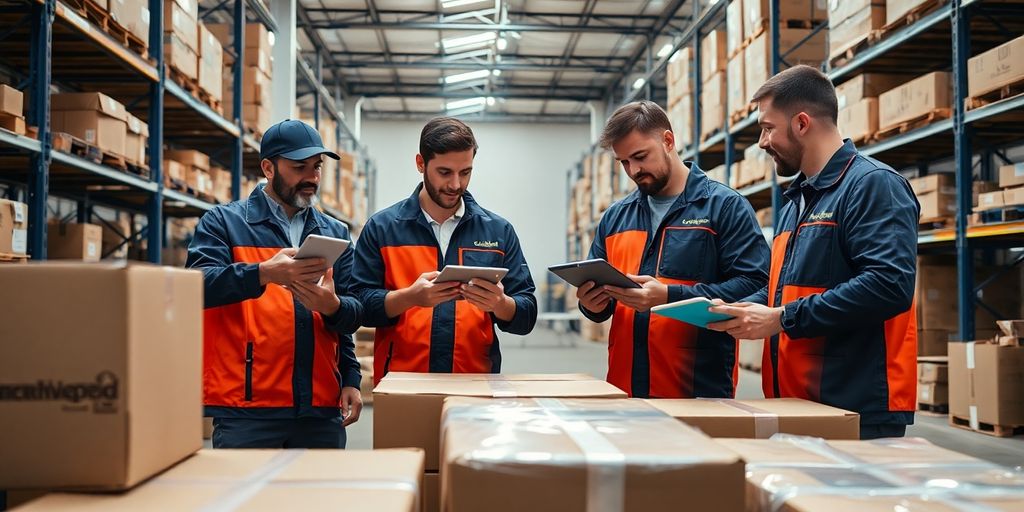 Movers utilizing AI technology in a modern warehouse.