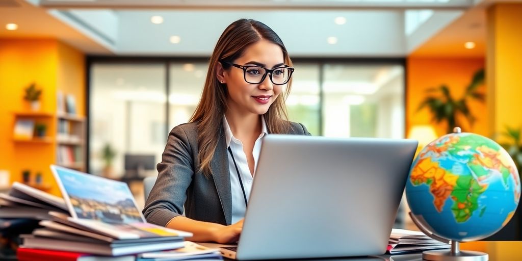 Travel agent using AI technology in a modern office.