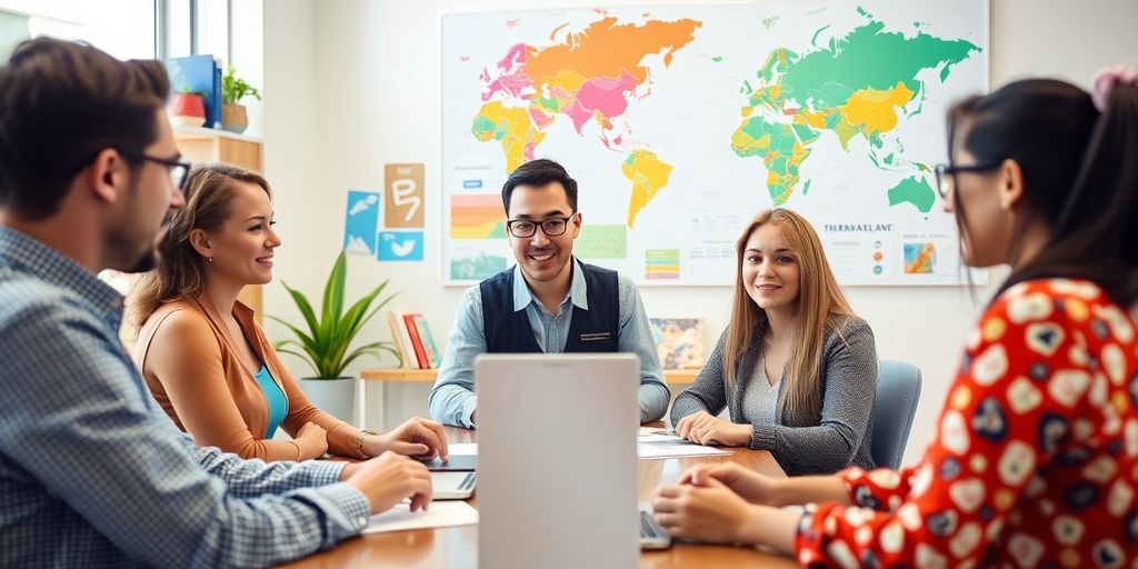 Travel agent assisting clients with modern technology in office.