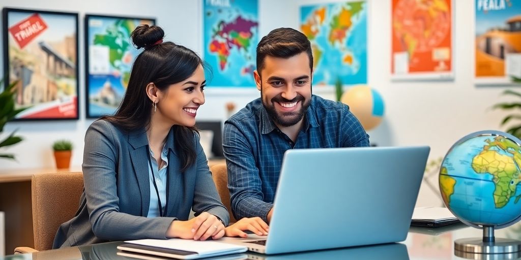 Travel agent and client discussing travel options with laptop.