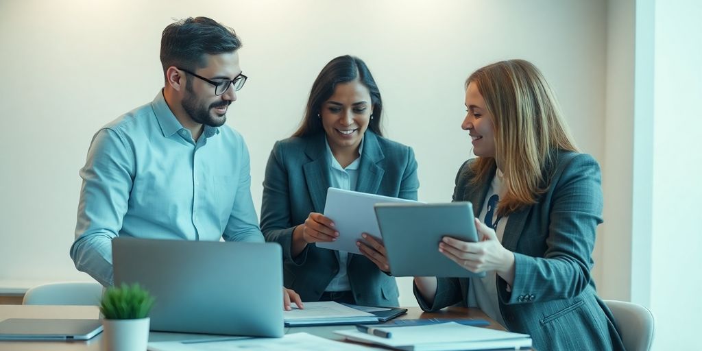 Event planner and client discussing in a modern office.