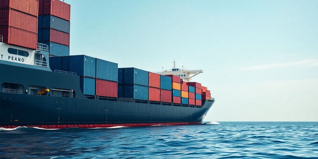 Shipping container ship navigating calm waters under blue sky.