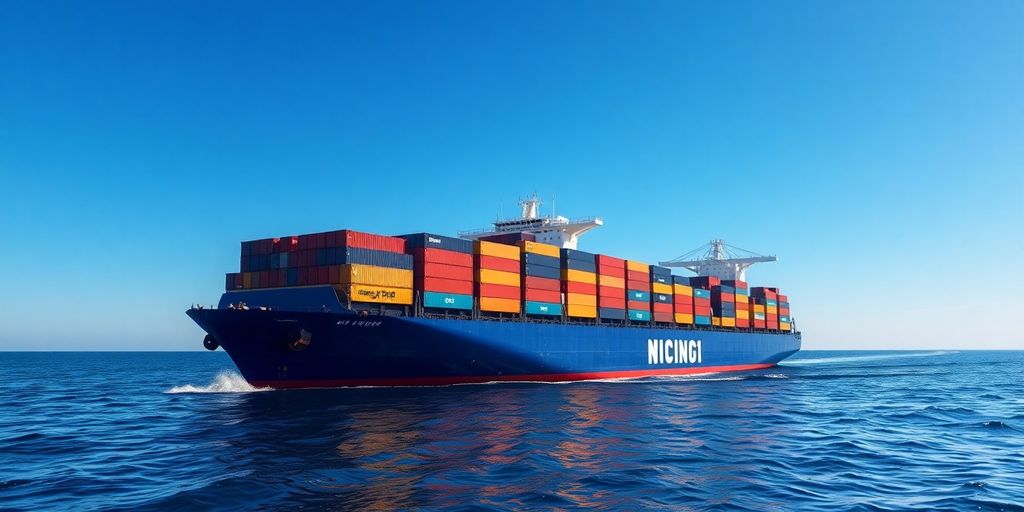 Container ship sailing on calm waters under blue sky.