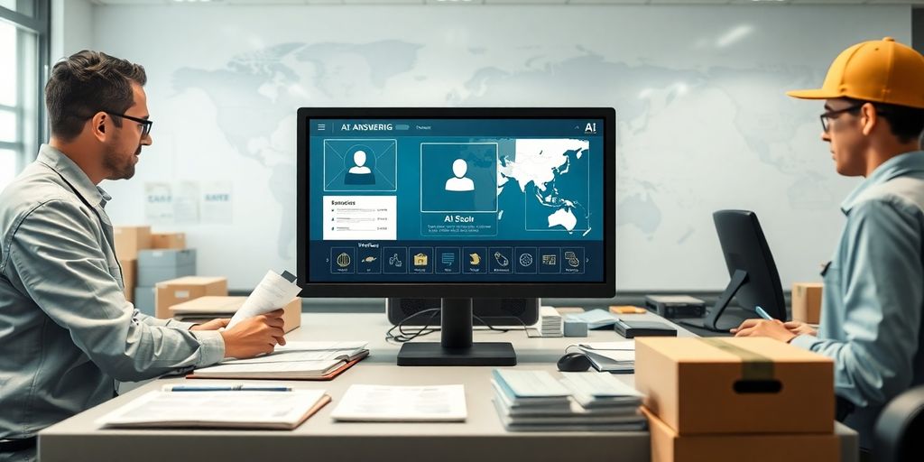 Shipping office with AI answering technology in action.